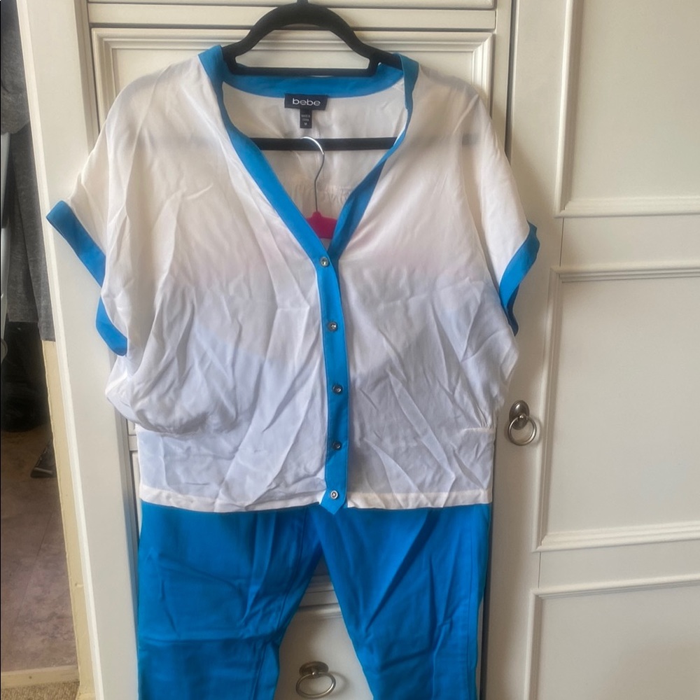 Bebe White and Blue Button-Up Top and Pants Set